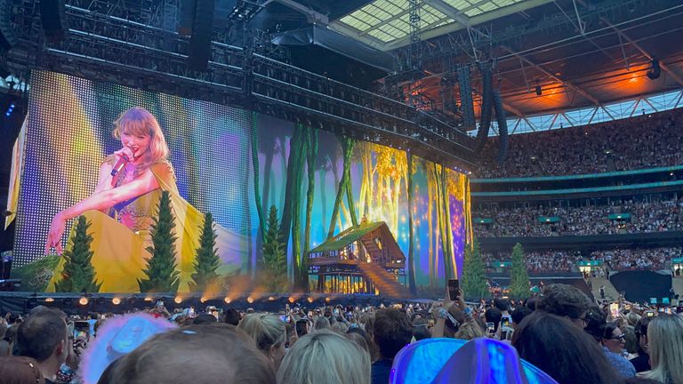 Taylor Swift performs on stage during her Eras Tour at Wembley Stadium in London. Picture date: Thursday August 15, 2024. George Thompson/PA Wire