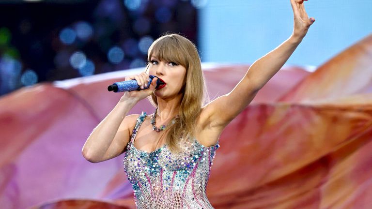 Taylor Swift performs on stage during the "Taylor Swift | The Eras Tour" at Wembley Stadium on August 15, 2024 in London, England. (Photo by Kate Green/Getty Images)