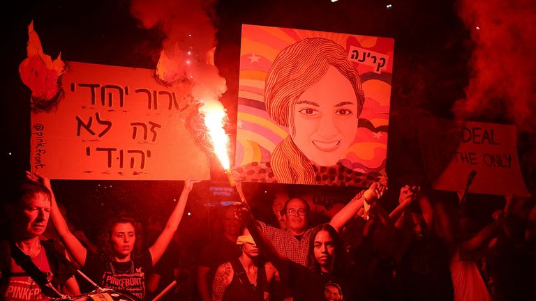 People in Tel Aviv demonstrate against Israeli Prime Minister Benjamin Netanyahu's government and call for the release of hostages in Gaza. Pic: Reuters