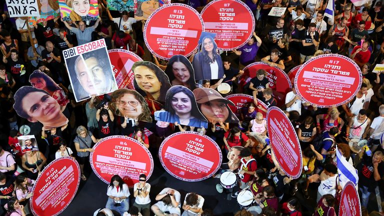 A protest in support of the 115 remaining Israeli hostages in Tel Aviv on Saturday. Pic: Reuters