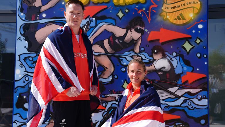 Great Britain's Terry Bywater and Lucy Shuker during the ParalympicsGB flagbearer announcement at ParalympicsGB House in Clichy ahead of the Paris 2024 Summer Paralympic Games. Picture date: Tuesday August 27, 2024. PA Photo. See PA story PARALYMPICS Great Britain. Photo credit should read: Adam Davy/PA Wire...RESTRICTIONS: Use subject to restrictions. Editorial use only, no commercial use without prior consent from rights holder.