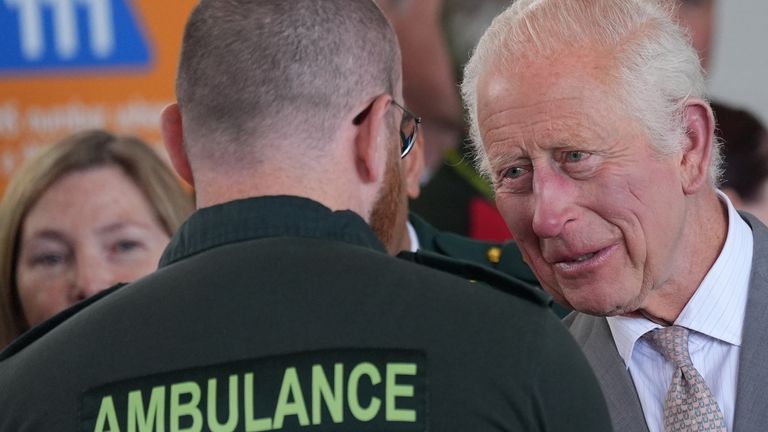 King Charles III at Southport Community Fire Station meeting representatives from Merseyside's emergency services and local community groups following the July 29th knife attack in the town, during which three young girls were killed. Picture date: Tuesday August 20, 2024.