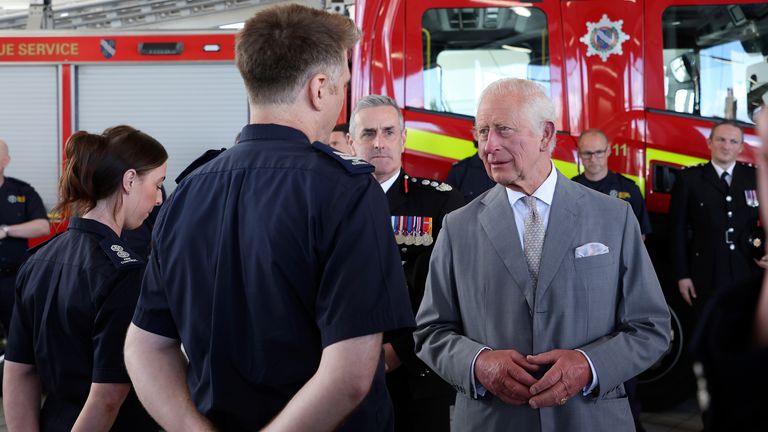 King Charles III meets representatives from Merseyside's emergency services and local community groups at Southport Community Fire Station, following the July 29th knife attack in the town, during which three young girls were killed. Picture date: Tuesday August 20, 2024.