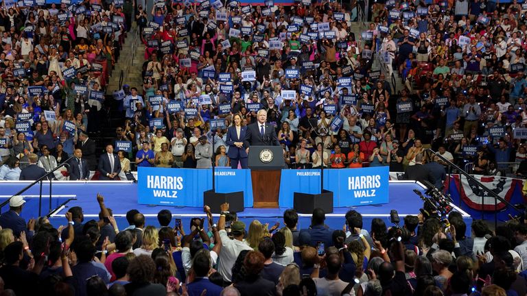 Democratic vice presidential candidate, Minnesota Governor Tim Walz, speaks during a campaign rally with U.S. Vice President and Democratic presidential candidate Kamala Harris, in Philadelphia, Pennsylvania, U.S., August 6, 2024. REUTERS/Kevin Lamarque