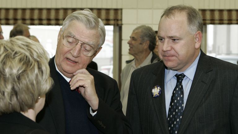 Vice President Walter Mondale (left) and Tim Walz (right) during their 2006 campaign for the House of Representatives, his first of six terms.  Photo: AP