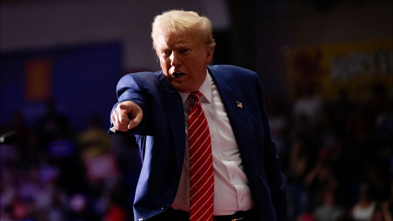 Donald Trump gestures after speaking at his rally in Johnstown. Pic: AP