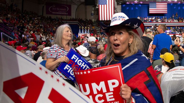 Supporters arrive before Republican presidential nominee former President Donald Trump speaks at a Trump supporters at campaign rally at 1st Summit Arena at the Cambria County War Memorial, in Johnstown, Pa., Friday, Aug. 30, 2024. (AP Photo/Rebecca Droke)