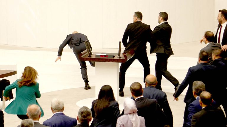 Turkish parliament descends into fistfight during meeting over jailed opposition politician