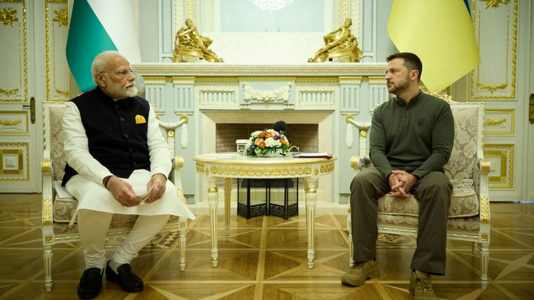 President Volodomyr Zelenskyy and Prime Minister Narendra Modi in Kyiv on Friday. Pic: Reuters