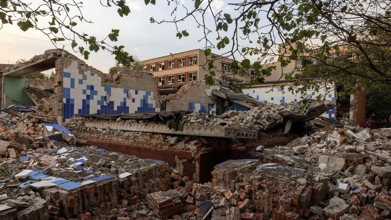 A general view shows a school that was destroyed in a recent Russian airstrike in Pokrovsk, Ukraine, amid Russia's attack on Ukraine, August 23, 2024. REUTERS/Thomas Peter
