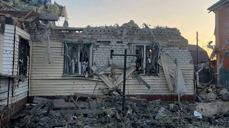 A view shows a damaged house following what local authorities called a Ukrainian military strike, in the course of the Russia-Ukraine conflict in the town of Sudzha in the Kursk Region, Russia, in this handout image released August 6, 2024. Acting Governor of Kursk Region Alexei Smirnov via Telegram/Handout via REUTERS ATTENTION EDITORS - THIS IMAGE HAS BEEN SUPPLIED BY A THIRD PARTY. NO RESALES. NO ARCHIVES. MANDATORY CREDIT.
