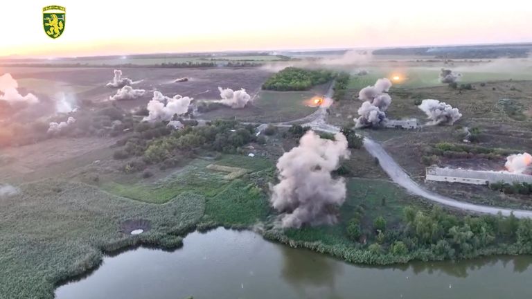 A drone view shows what the 68th Separate Jaeger Brigade 'Oleksy Dovbusha' says are multiple launch rocket system strikes on Russian troops, in Novozhelanne, Donetsk Region, Ukraine, in this still image from handout video obtained on August 21, 2024. Reuters TV/68TH SEPARATE JAEGER BRIGADE 'OLEKSY DOVBUSHA'/Handout via REUTERS THIS IMAGE HAS BEEN SUPPLIED BY A THIRD PARTY. MANDATORY CREDIT. NO RESALES. NO ARCHIVES. MUST NOT OBSCURE LOGO
