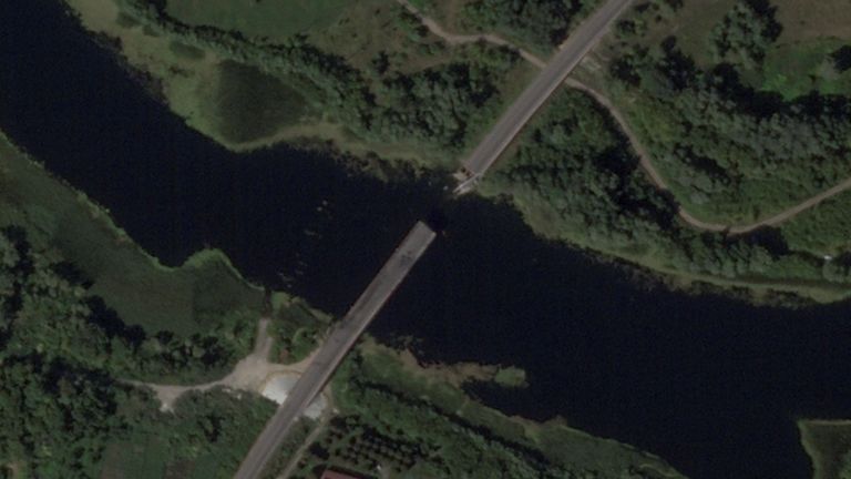 A satellite image shows a bridge collapsed over the Seym river in the Glushkovo district, following a Ukrainian strike in the Kursk region, Russia, August 17, 2024. 2024 Planet Labs Inc./Handout via REUTERS THIS IMAGE HAS BEEN SUPPLIED BY A THIRD PARTY. MANDATORY CREDIT.
