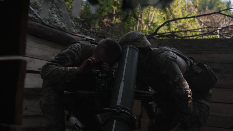 The mortar team readying to fire on suspected Russian positions