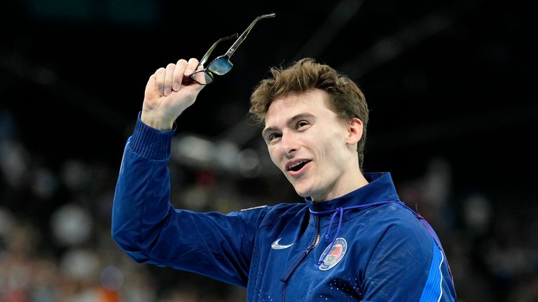 Aug 3, 2024; Paris, France; Stephen Nedoroscik of the United States celebrates after winning the bronze medal in the pommel horse on the first day of gymnastics event finals during the Paris 2024 Olympic Summer Games at Bercy Arena. Mandatory Credit: Kyle Terada-USA TODAY Sports