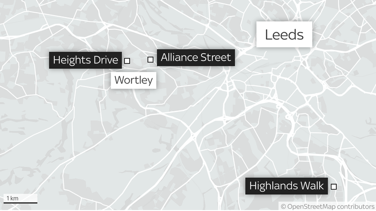 A map showing some of the locations involved in the investigation into the alleged murder of a van driver in Leeds