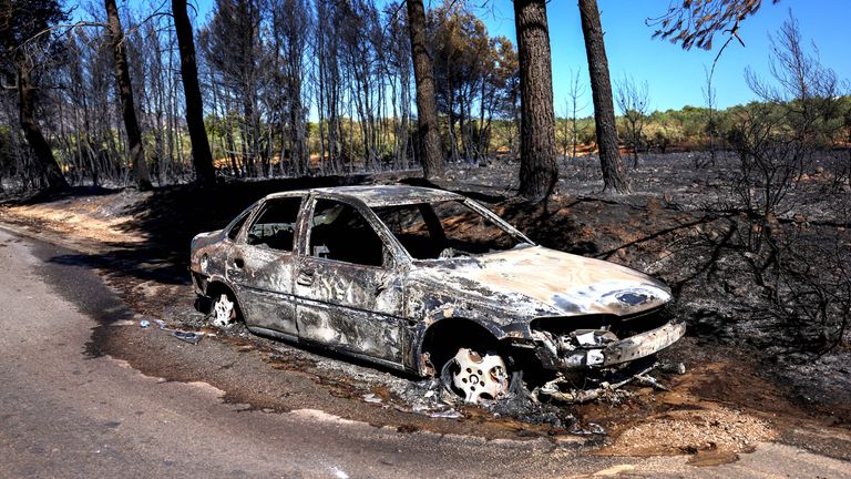 A burned car is seen next to charred trees as a wildfire burns near the village of Varnavas.
Pic: Reuters