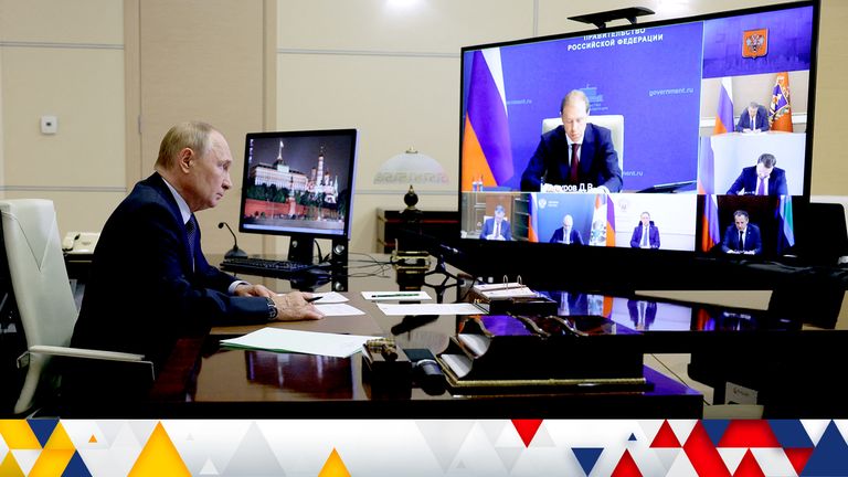 Vladimir Putin chairs a meeting on situation in Belgorod, Kursk and Bryansk regions following an incursion of Ukrainian troops in the course of Russia-Ukraine conflict, via video link at the Novo-Ogaryovo state residence outside Moscow, Russia August 22, 2024. Sputnik/Gavriil Grigorov/Pool via REUTERS ATTENTION EDITORS - THIS IMAGE WAS PROVIDED BY A THIRD PARTY.