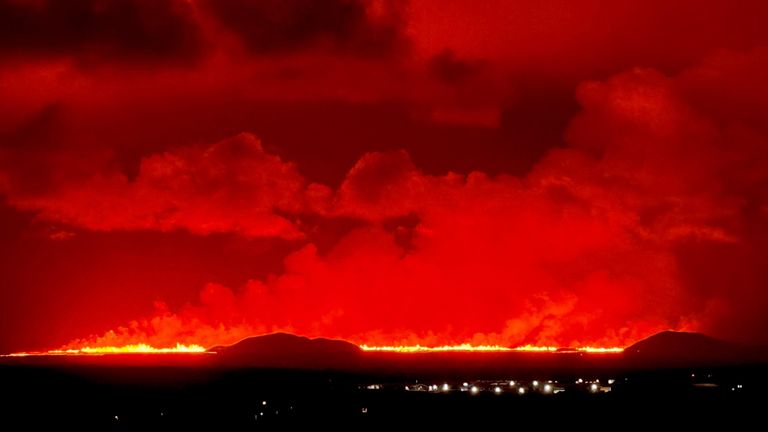 The volcano erupts near Vogar, Iceland.
Pic: Gisli Oaldsson/Reuters