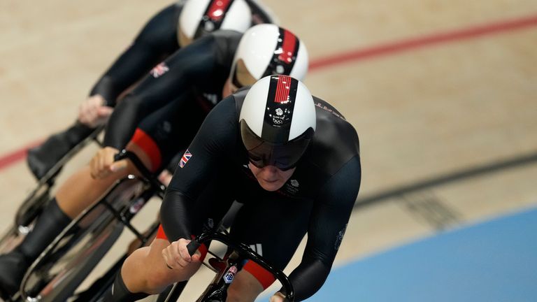 Britain's Katy Marchant, Sophie Capewell and Emma Finucane. Pic: AP