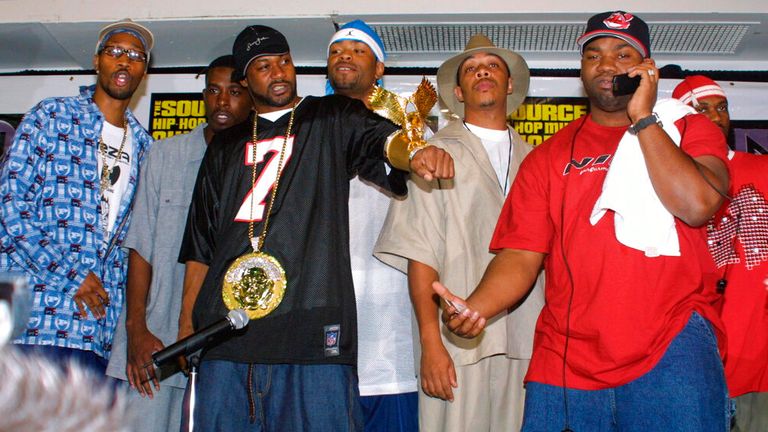 RZA (left) and members of the Wu-Tang Clan backstage at the 2001 Source Hip Hop Awards. Pic: Adam Scull/PHOTOlink /MediaPunch /IPX/AP


