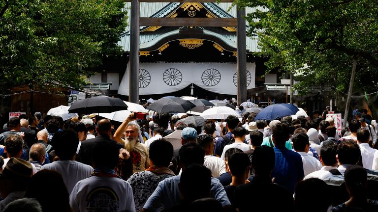 People visit the Yasukuni Shrine on the 78th anniversary of Japan's surrender in the Second World War. Pic: Reuters