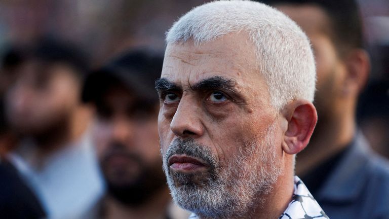 Hamas leader Yehya Al-Sinwar looks on as Hamas supporters take part in an anti-Israel rally over tension in Jerusalem's Al-Aqsa mosque, in Gaza City October 1, 2022. REUTERS/Mohammed Salem/