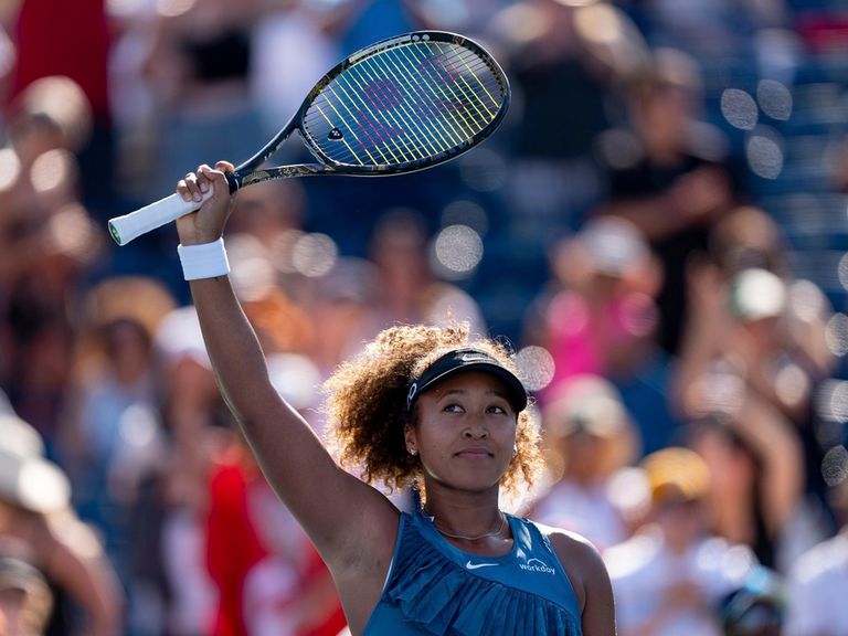 TORONTO, ON - AUGUST 07: Naomi Osaka of Japan celebrates her win after her first round match of the National Bank Open, part of the WTA Tour, at Sobeys Stadium on August 7, 2024 in Toronto, Canada. (Photo by Julian Avram/Icon Sportswire) (Icon Sportswire via AP Images)