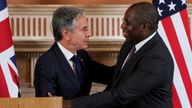 Secretary of State Antony Blinken and Britain's Foreign Secretary David Lammy shake hands at the end of their joint press conference in the Locarno room at the Foreign, Commonwealth and Development Office (FCDO) in London, Britain, September 10, 2024. Alberto Pezzali/Pool via REUTERS