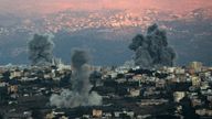 Heavy smoke rises after Israeli airstrikes on the southern Lebanese border town of Khiam. Pic: AP