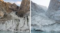 Mountain peak above Dickson Fjord before (left) and after the landslide. Pic: PA