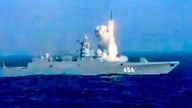 A long-range Kalibr cruise missile is launched by a Russian Navy frigate Admiral Golovko of the Russian Northern Fleet during of the large scale naval exercise as the Ocean-2024 drills. 
Pic: Russian Defense Ministry Press Service/AP