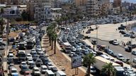 Cars sit in traffic as they flee the southern villages, in Sidon, Lebanon, yesterday. Pic: AP