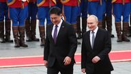
Russian President Vladimir Putin, right, walks with Mongolian President Ukhnaagiin Khurelsukh, left, during welcoming ceremony at Sukhbaatar Square in Ulaanbaatar, Mongolia, Tuesday, Sept. 3, 2024. (Sofya Sandurskaya, Sputnik, Kremlin Pool Photo via AP)