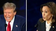 This combination of photos shows Republican presidential nominee former President Donald Trump, left, and Democratic presidential nominee Vice President Kamala Harris during an ABC News presidential debate at the National Constitution Center, Tuesday, Sept. 10, 2024, in Philadelphia. (AP Photo/Alex Brandon)