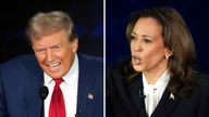 This combination of photos shows Republican presidential nominee former President Donald Trump, left, and Democratic presidential nominee Vice President Kamala Harris during an ABC News presidential debate at the National Constitution Center, Tuesday, Sept. 10, 2024, in Philadelphia. (AP Photo/Alex Brandon)