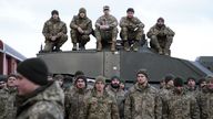 Ukrainian soldiers being trained to command Challenger 2 tanks at a military facility in the south of England, February 2023. Pic: PA