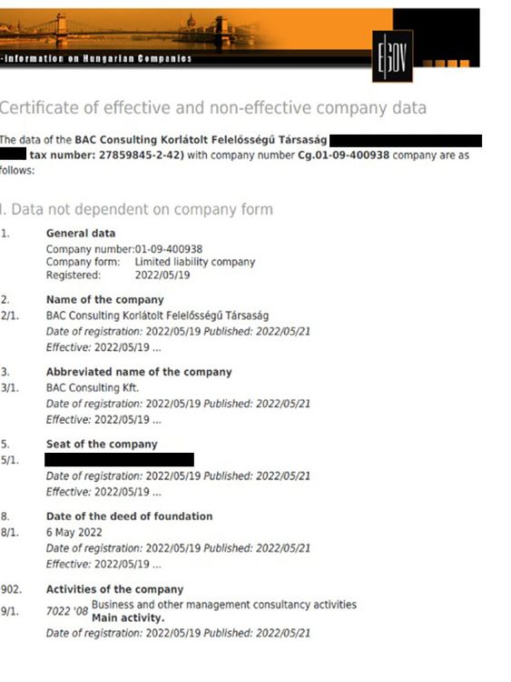 Rejestry spółki BAC Consulting z węgierskiego rejestru spółek