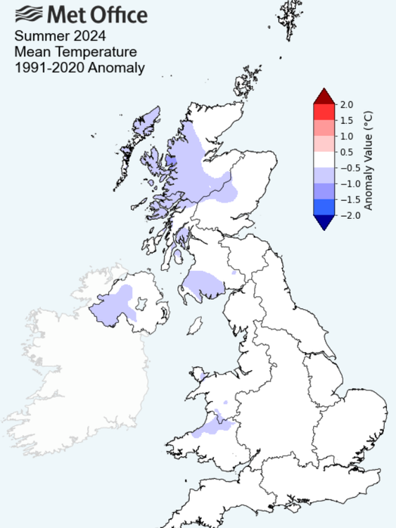 How the mean temperature varied for summer 2024 when compared to averages gathered over recent years. Pic: Met Office