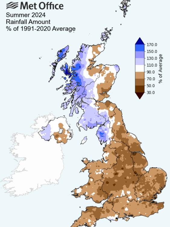 How much it rained over June, July, and August 2024 when compared to average levels. Pic: Met Office