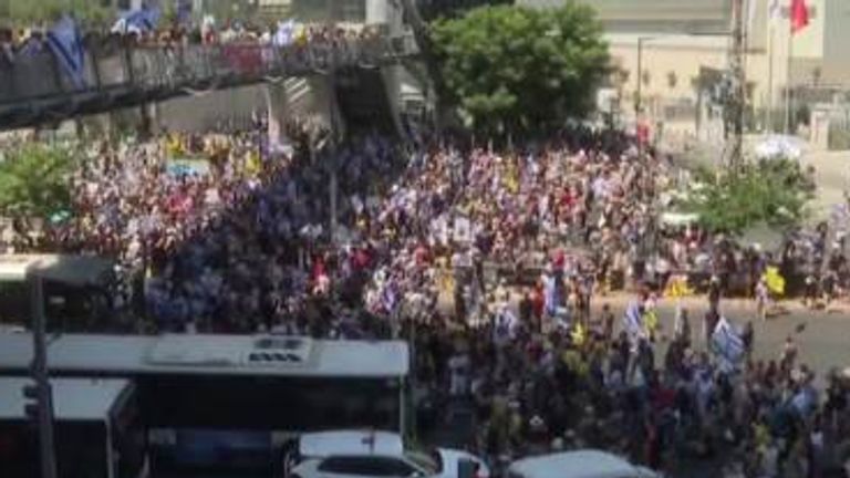 The protest is part of a rare call for a general strike by Israel’s largest trade union, the Histadrut.