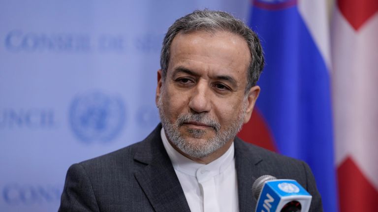 Iranian Foreign Minister Abbas Araghchi speaking to reporters at the UN Pic: AP