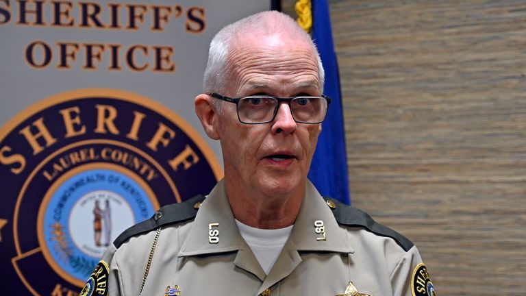 Deputy Gilbert Acciardo, press secretary for the Laurel County Sheriff's Office, provides details on the progress of the investigation into the shooting along Interstate 75 on Saturday in London, Kentucky, on Sunday, Sept. 8, 2024. (AP Photo/Timothy D. Easley)