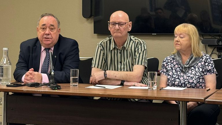 Former first minister Alex Salmond (left) with Peter and Florence Fanning, of Coatbridge, North Lanarkshire, speaking at a press conference in Edinburgh about the proceedings they have raised with the help of the Govan Law Centre against the Scottish Government and the UK Work and Pensions Secretary over the cut to the winter fuel payment. Picture date: Thursday September 26, 2024.