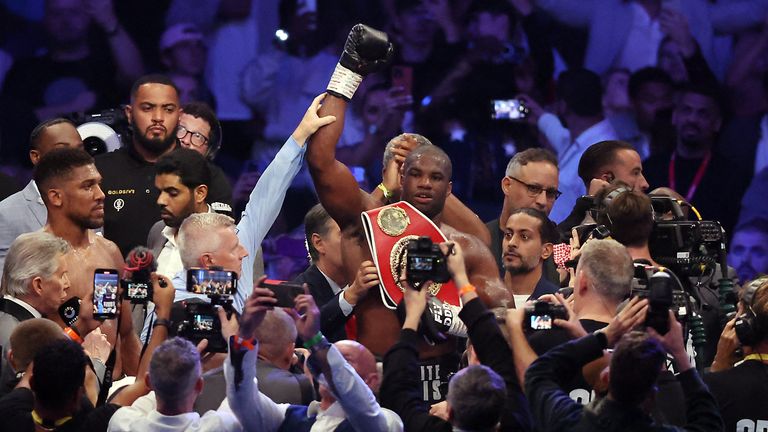 Daniel Dubois celebrates his victory in the fight against Anthony Joshua. Image: Reuters