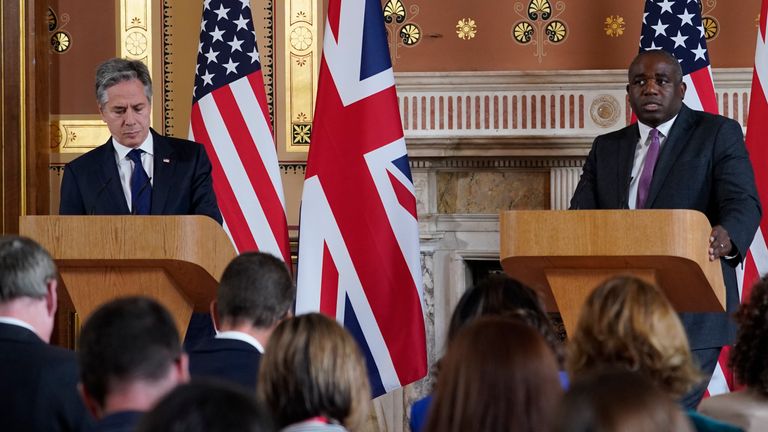 U.S. Secretary of State Antony Blinken, left, listens to Britain's Foreign Secretary David Lammy during a joint press conference in the Locarno room at the Foreign, Commonwealth and Development Office (FCDO) in London, Tuesday, Sept. 10, 2024. (AP Photo/Alberto Pezzali, Pool)