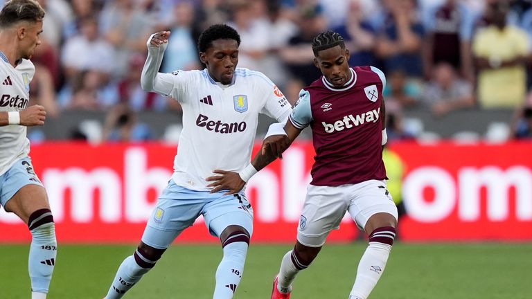 Players from Aston Villa (left) and West Ham compete on the first game of the 2024 season - with both teams featuring gambling companies across their shirts. Pic: PA