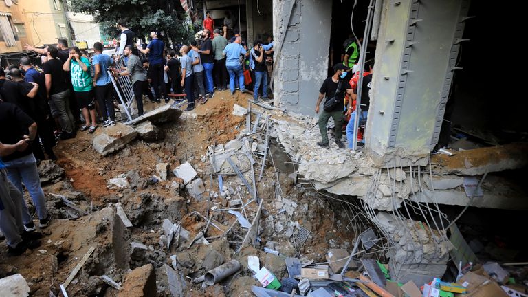 Damage caused by an Israeli air attack on a southern suburb of Beirut. Pic: AP