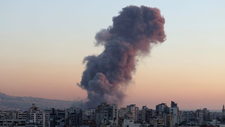 Smoke rises after what Hezbollah's Al-Manar tv says was an Israeli strike, amid ongoing cross-border hostilities between Hezbollah and Israeli forces, in Beirut's southern suburbs, Lebanon September 27, 2024. REUTERS/Mohamed Azakir
