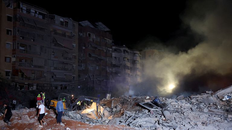 The site of an Israeli attack in the southern suburbs of Beirut. Image: Reuters